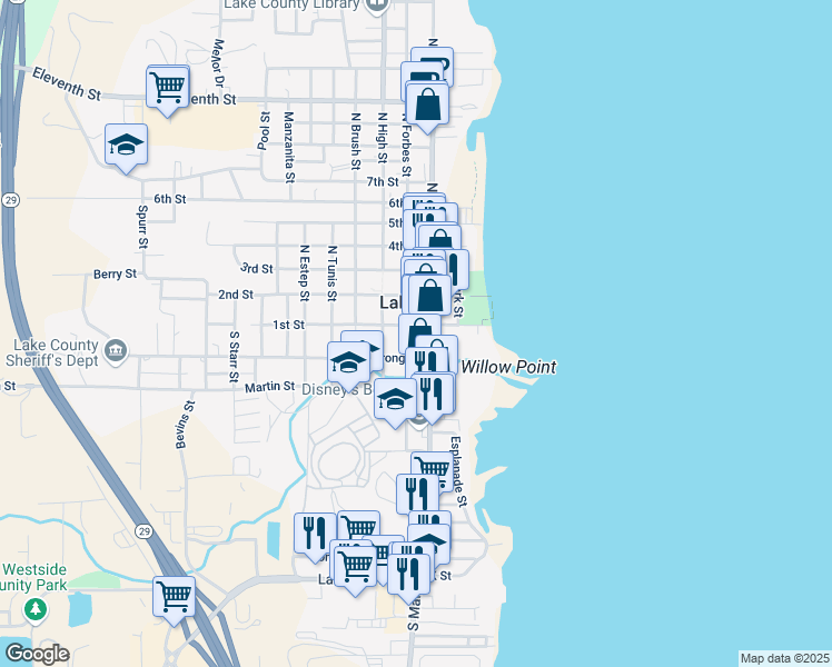 map of restaurants, bars, coffee shops, grocery stores, and more near 175 1st Street in Lakeport
