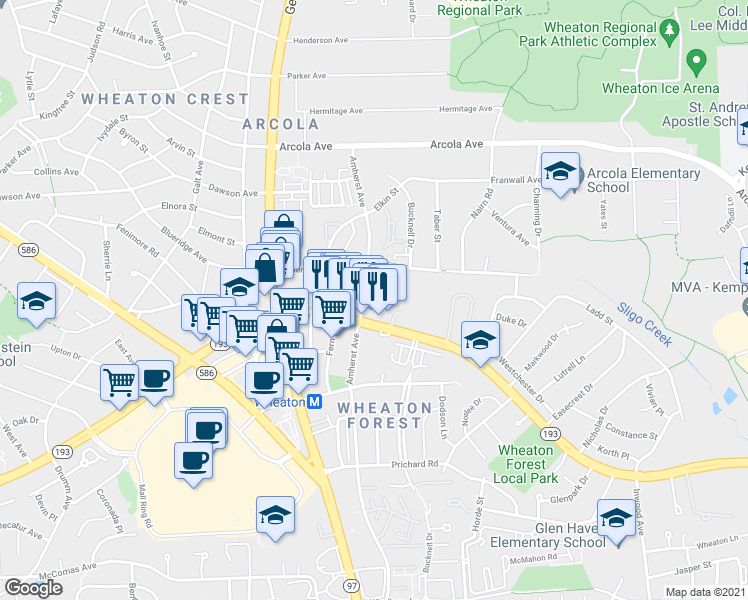map of restaurants, bars, coffee shops, grocery stores, and more near 11411 Amherst Avenue in Silver Spring