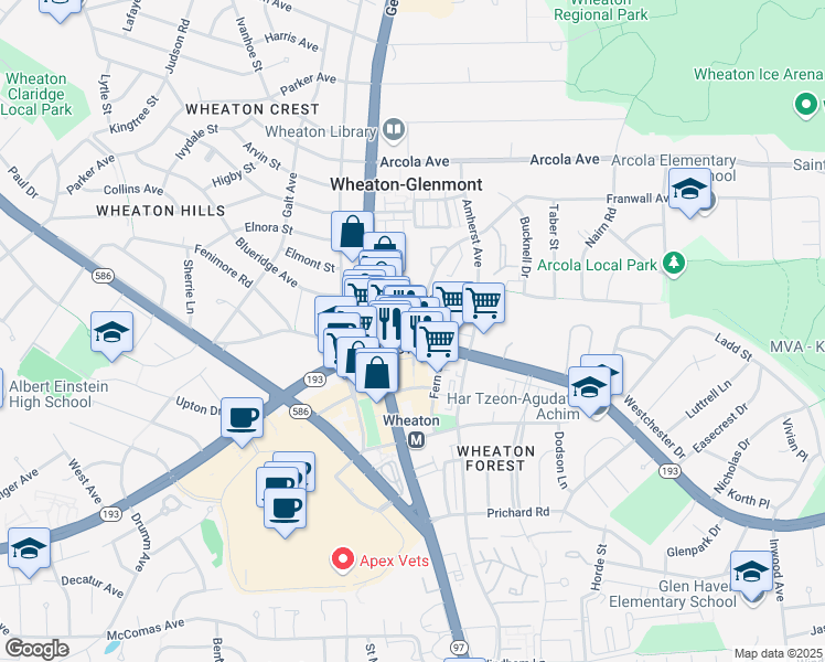 map of restaurants, bars, coffee shops, grocery stores, and more near 2403 University Boulevard West in Silver Spring