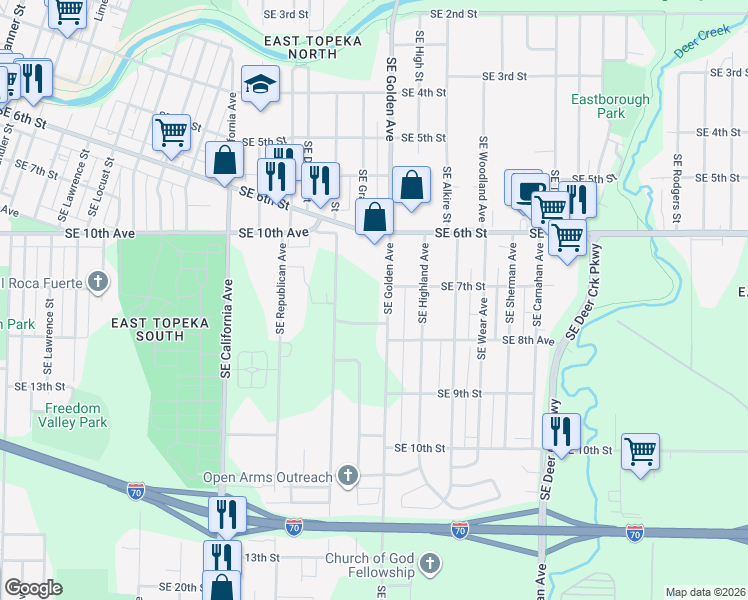map of restaurants, bars, coffee shops, grocery stores, and more near 705 Southeast Golden Avenue in Topeka