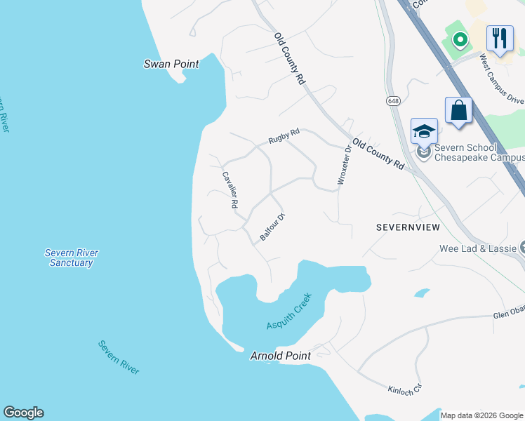 map of restaurants, bars, coffee shops, grocery stores, and more near 245 Wroxeter Drive in Arnold