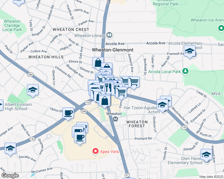 map of restaurants, bars, coffee shops, grocery stores, and more near 2403 University Boulevard West in Silver Spring