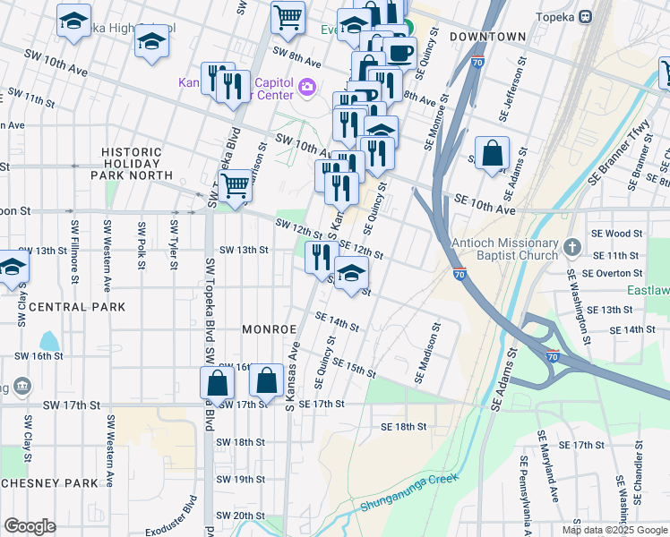 map of restaurants, bars, coffee shops, grocery stores, and more near 1235 South Kansas Avenue in Topeka