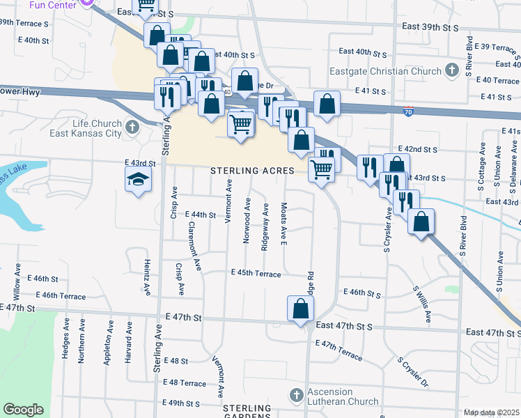 map of restaurants, bars, coffee shops, grocery stores, and more near 4344 Ridgeway Avenue in Kansas City