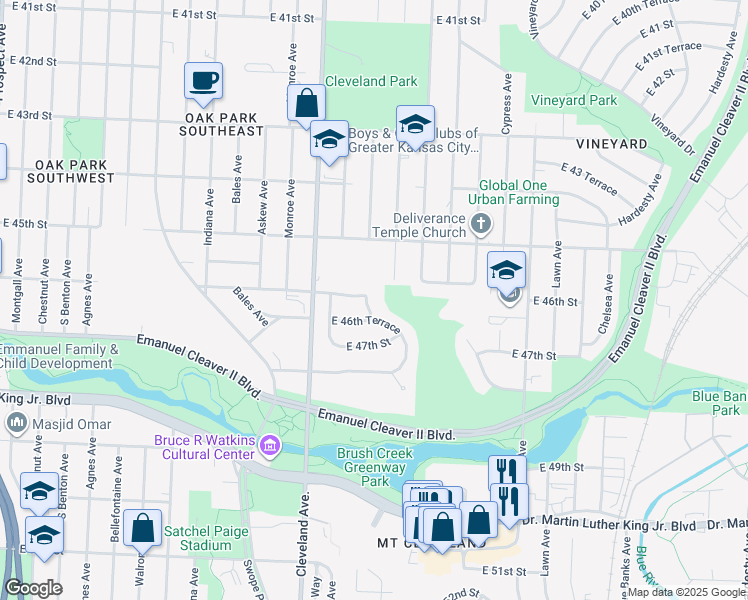 map of restaurants, bars, coffee shops, grocery stores, and more near 4601 Myrtle Avenue in Kansas City