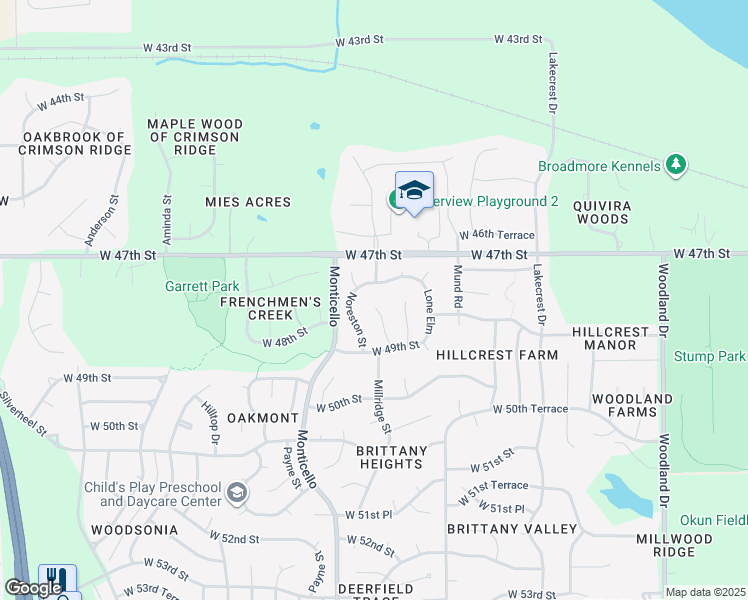 map of restaurants, bars, coffee shops, grocery stores, and more near 4732 Millridge Street in Shawnee