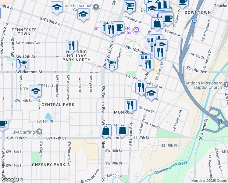 map of restaurants, bars, coffee shops, grocery stores, and more near Southwest Harrison Street in Topeka