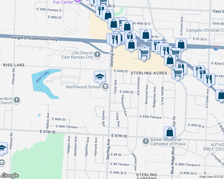 map of restaurants, bars, coffee shops, grocery stores, and more near 4327 Sterling Avenue in Kansas City