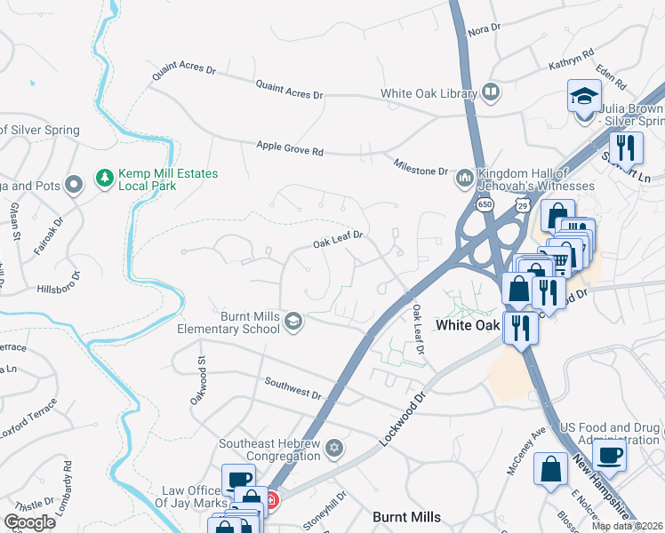 map of restaurants, bars, coffee shops, grocery stores, and more near 11413 Classical Lane in Silver Spring