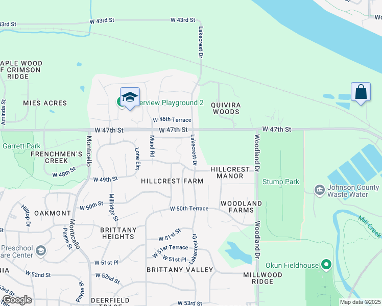 map of restaurants, bars, coffee shops, grocery stores, and more near 4748 Lakecrest Drive in Shawnee