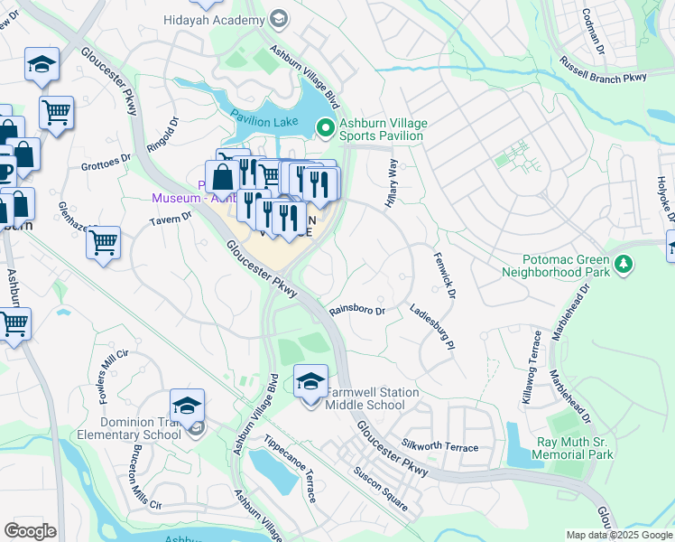 map of restaurants, bars, coffee shops, grocery stores, and more near 20754 Apollo Terrace in Ashburn