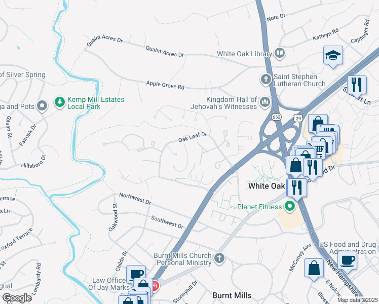 map of restaurants, bars, coffee shops, grocery stores, and more near 11413 Classical Lane in Silver Spring