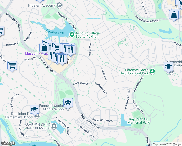 map of restaurants, bars, coffee shops, grocery stores, and more near 20741 Rainsboro Drive in Ashburn