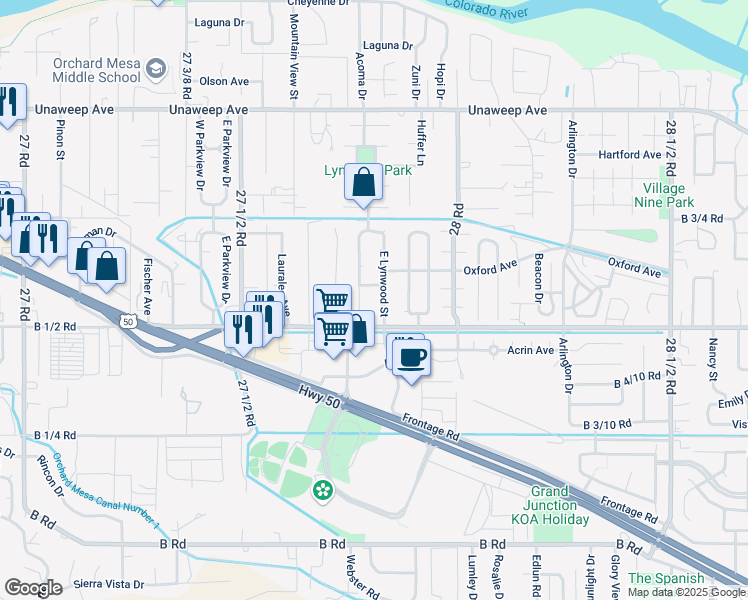 map of restaurants, bars, coffee shops, grocery stores, and more near 255 East Lynwood Street in Grand Junction