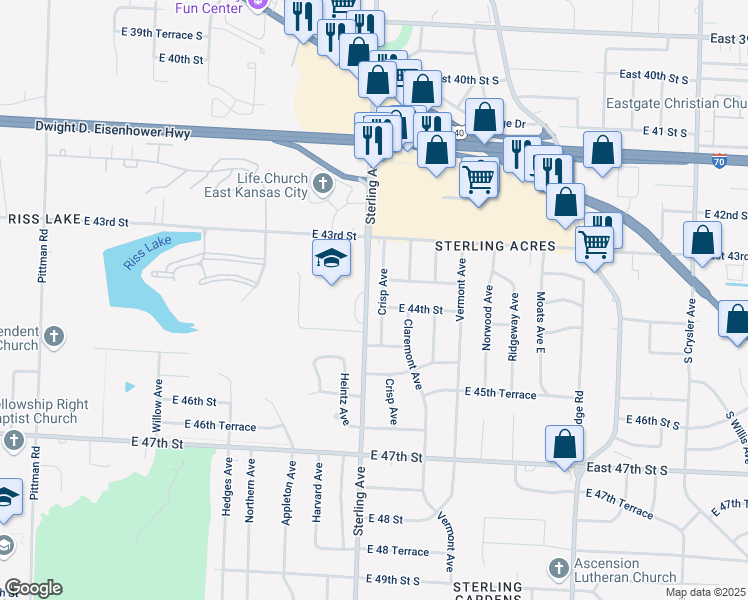 map of restaurants, bars, coffee shops, grocery stores, and more near 4327 Sterling Avenue in Kansas City