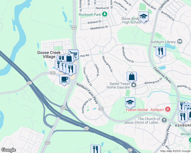 map of restaurants, bars, coffee shops, grocery stores, and more near 20735 Citation Drive in Ashburn