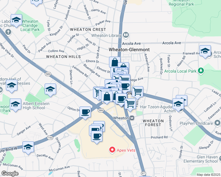 map of restaurants, bars, coffee shops, grocery stores, and more near 11414 Grandview Avenue in Silver Spring