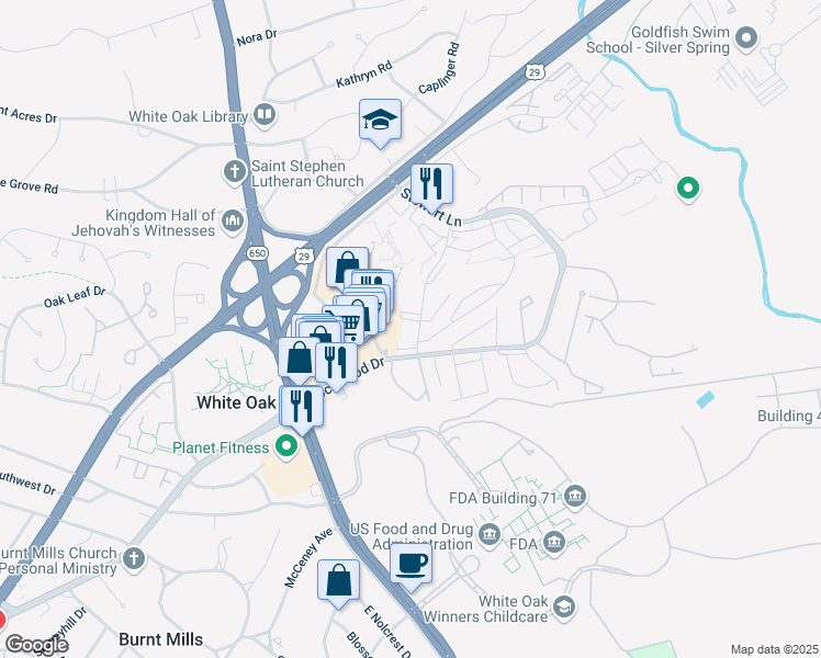 map of restaurants, bars, coffee shops, grocery stores, and more near 11438 Lockwood Drive in Silver Spring