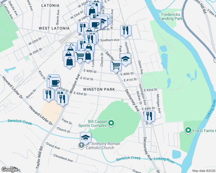 map of restaurants, bars, coffee shops, grocery stores, and more near 120 East 42nd Street in Covington