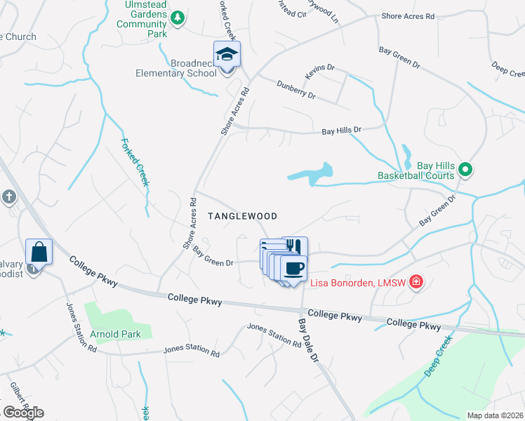 map of restaurants, bars, coffee shops, grocery stores, and more near 402 Tee Court in Arnold