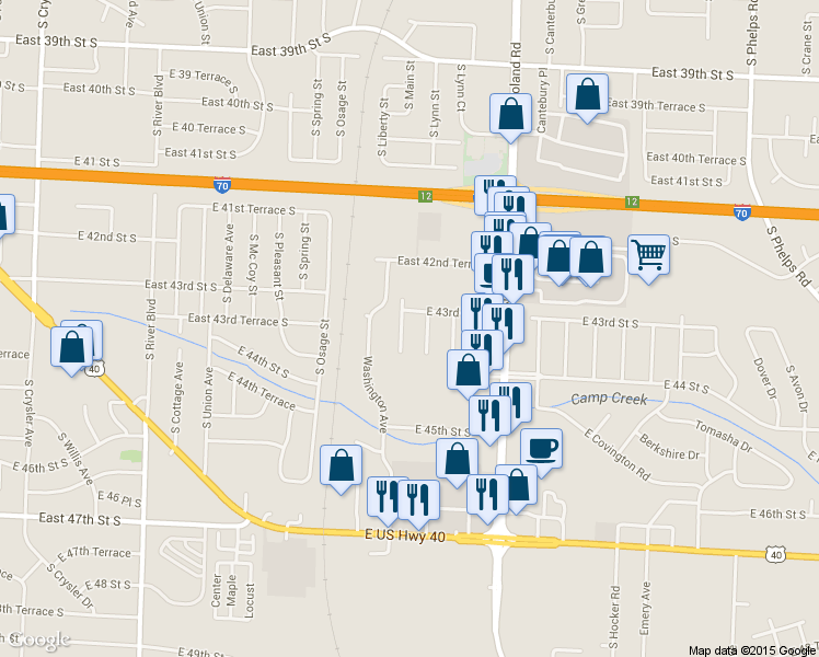 map of restaurants, bars, coffee shops, grocery stores, and more near 4311 South Liberty Street in Independence