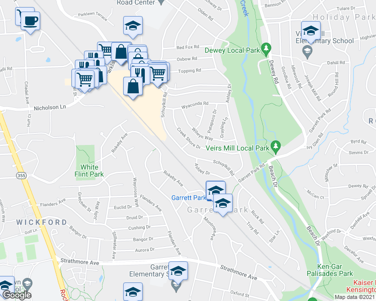 map of restaurants, bars, coffee shops, grocery stores, and more near 11407 Schuylkill Road in Rockville