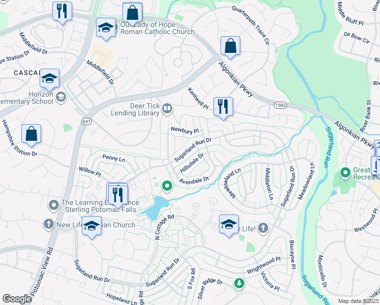 map of restaurants, bars, coffee shops, grocery stores, and more near 323 Sugarland Run Drive in Sterling