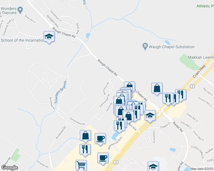 map of restaurants, bars, coffee shops, grocery stores, and more near 1233 Orchid Road in Gambrills