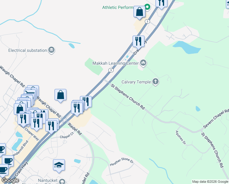 map of restaurants, bars, coffee shops, grocery stores, and more near 2128 Red Leaf Court in Gambrills