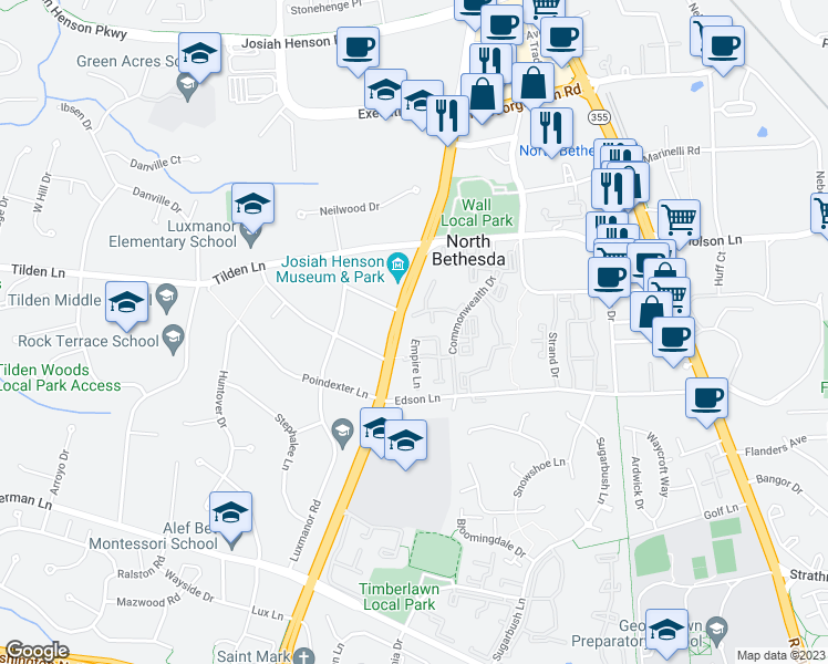 map of restaurants, bars, coffee shops, grocery stores, and more near 11345 Empire Lane in Rockville