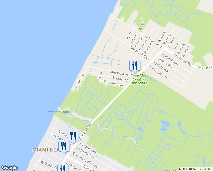 map of restaurants, bars, coffee shops, grocery stores, and more near 13 Rutledge Avenue in Cape May County