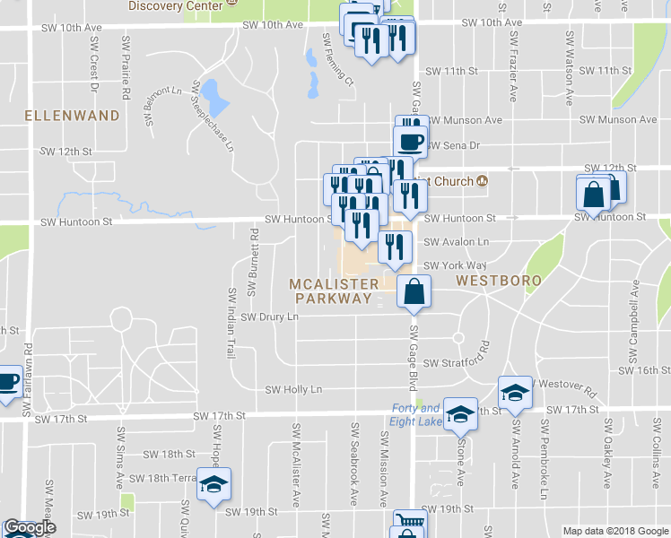 map of restaurants, bars, coffee shops, grocery stores, and more near 1400 Southwest Woodhull Court in Topeka