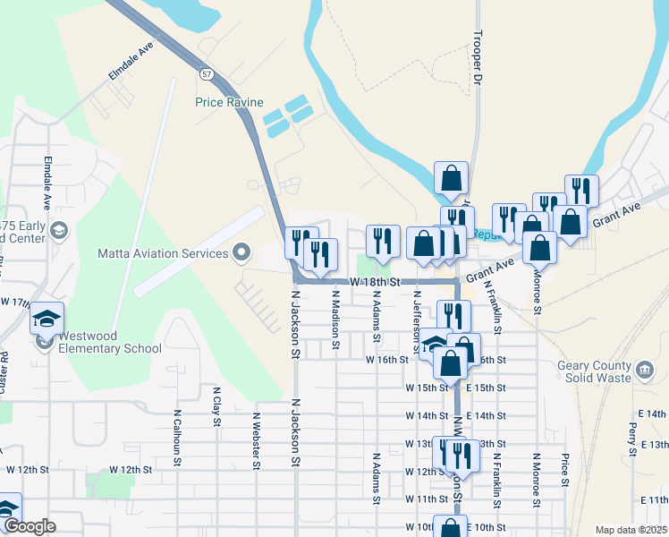 map of restaurants, bars, coffee shops, grocery stores, and more near 402 West 18th Street in Junction City