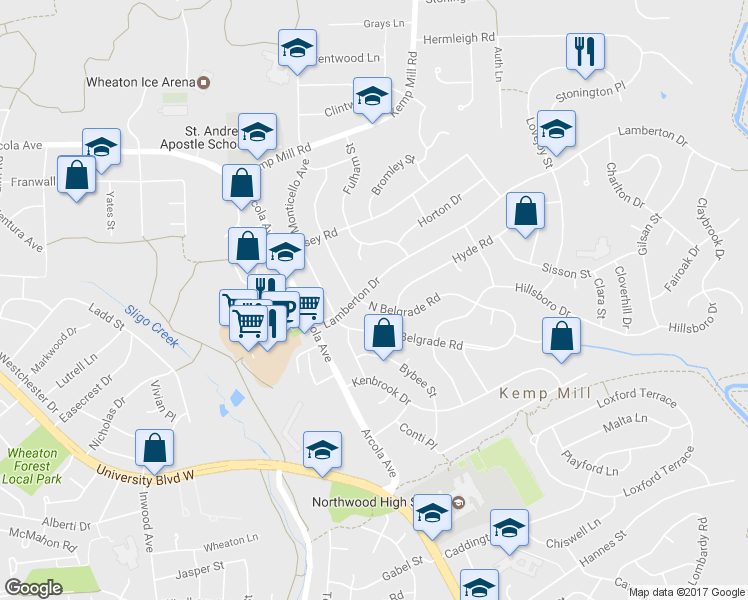 map of restaurants, bars, coffee shops, grocery stores, and more near 1007 North Belgrade Road in Silver Spring