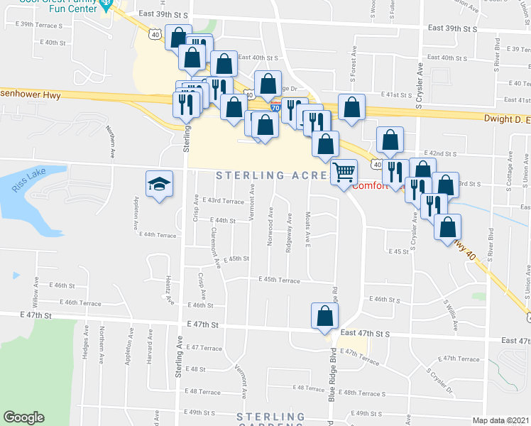 map of restaurants, bars, coffee shops, grocery stores, and more near 4408 Norwood Ave in Kansas City