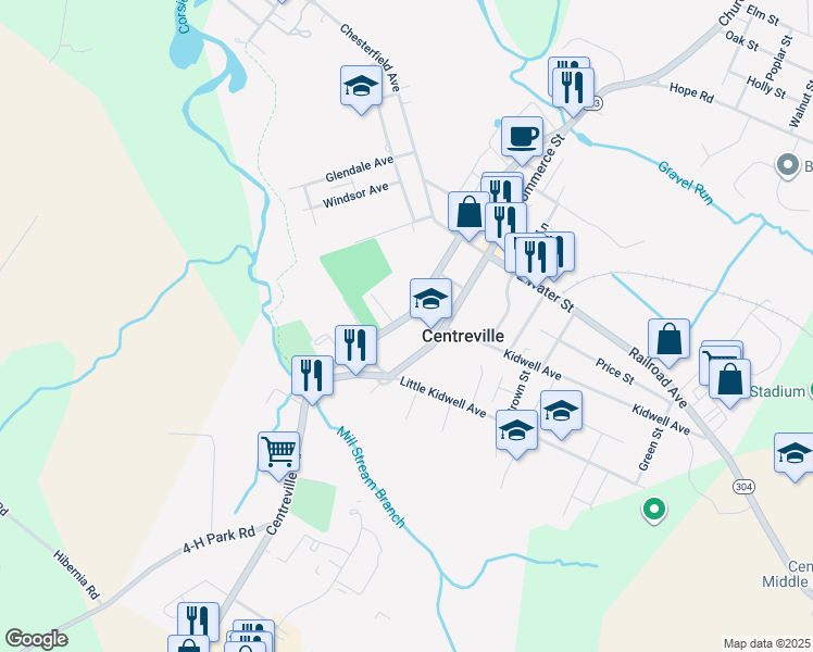 map of restaurants, bars, coffee shops, grocery stores, and more near 309 South Liberty Street in Centreville