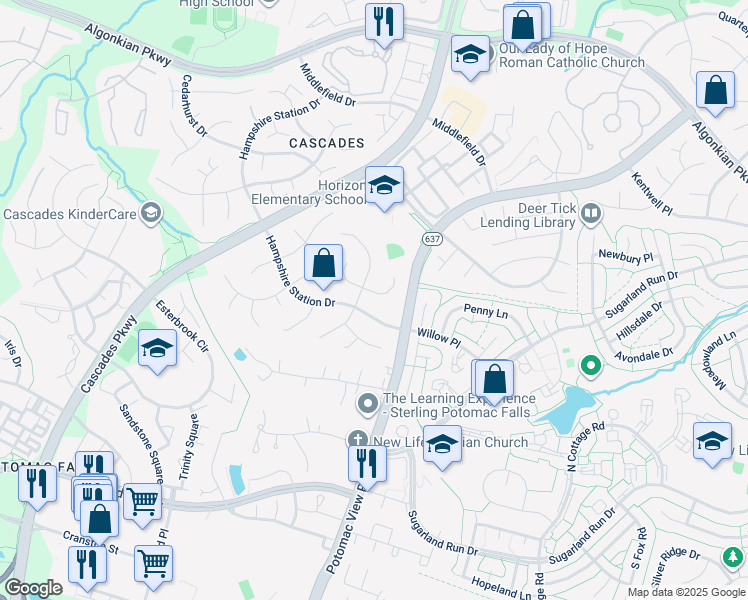 map of restaurants, bars, coffee shops, grocery stores, and more near 46635 Winterset Court in Sterling