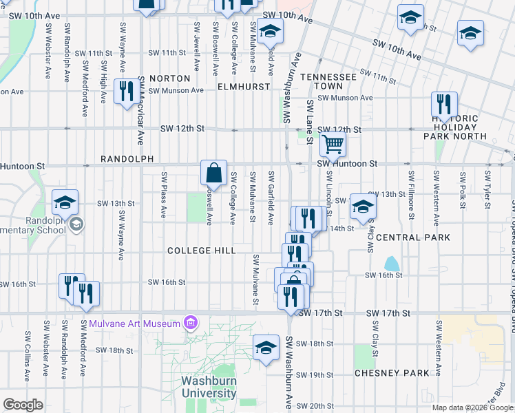 map of restaurants, bars, coffee shops, grocery stores, and more near 1306 Southwest Mulvane Street in Topeka