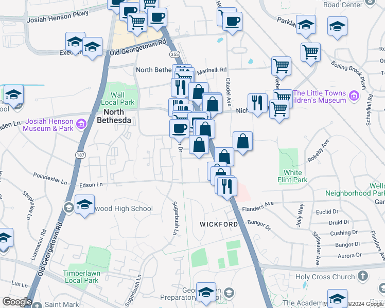 map of restaurants, bars, coffee shops, grocery stores, and more near 5515 Security Lane in North Bethesda