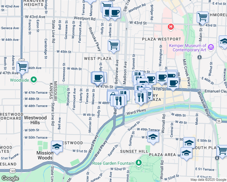 map of restaurants, bars, coffee shops, grocery stores, and more near 4700 Belleview Avenue in Kansas City