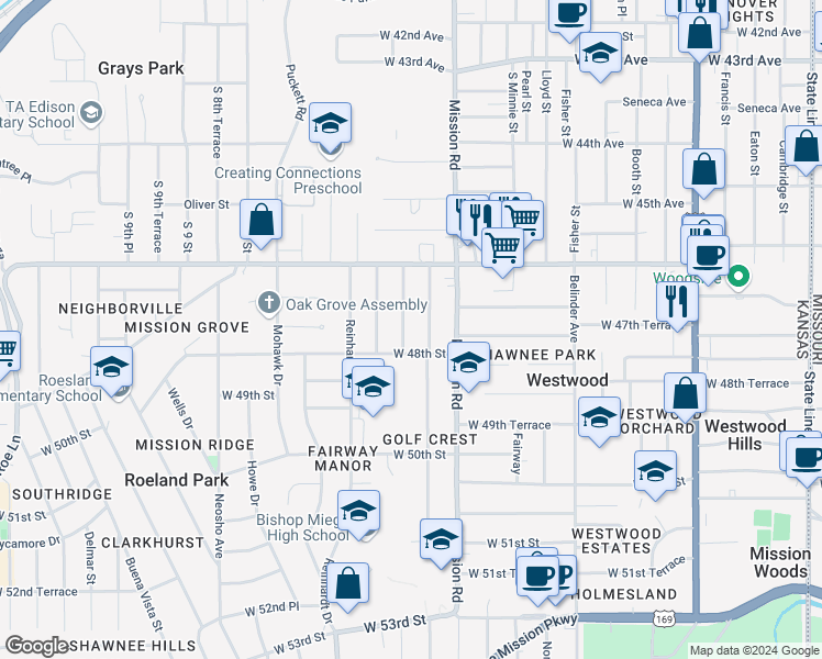 map of restaurants, bars, coffee shops, grocery stores, and more near 4755 Falmouth Street in Roeland Park