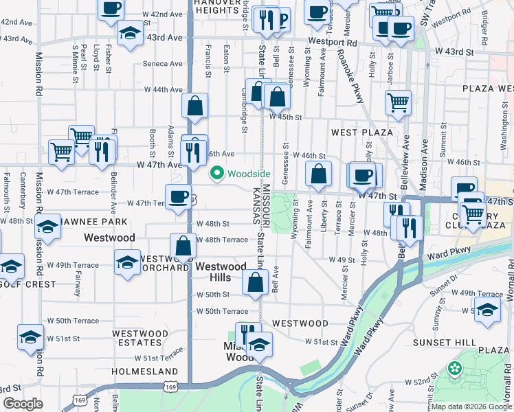 map of restaurants, bars, coffee shops, grocery stores, and more near 1908 West 47th Terrace in Westwood