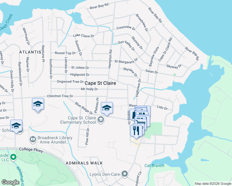 map of restaurants, bars, coffee shops, grocery stores, and more near 1003 Mount Holly Drive in Annapolis