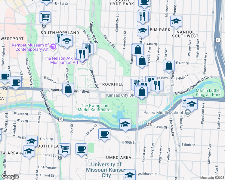 map of restaurants, bars, coffee shops, grocery stores, and more near 712 Cleaver II Boulevard in Kansas City
