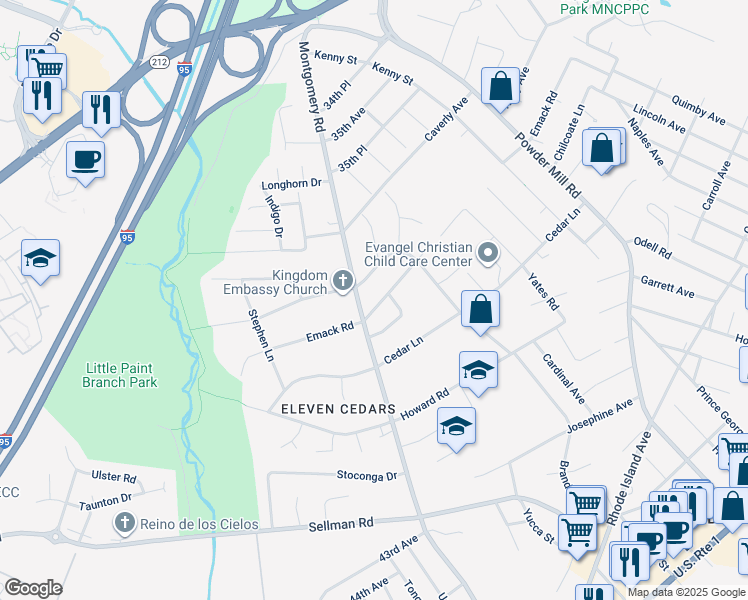 map of restaurants, bars, coffee shops, grocery stores, and more near 11208 Emack Road in Beltsville