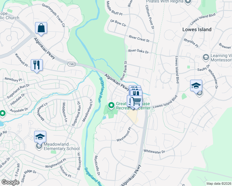 map of restaurants, bars, coffee shops, grocery stores, and more near 20722 Hollow Falls Terrace in Sterling