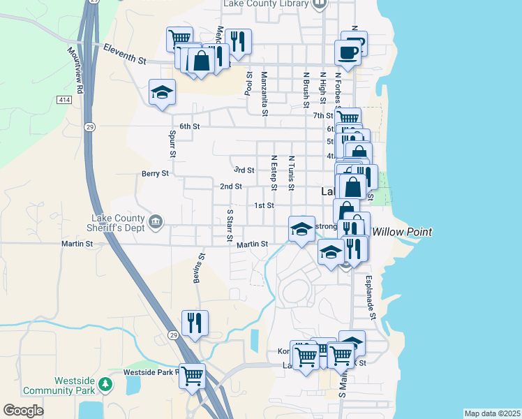 map of restaurants, bars, coffee shops, grocery stores, and more near 111 South Lakeview Street in Lakeport