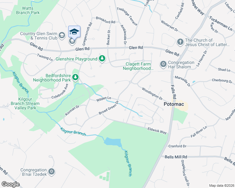 map of restaurants, bars, coffee shops, grocery stores, and more near 11304 Broad Green Drive in Potomac