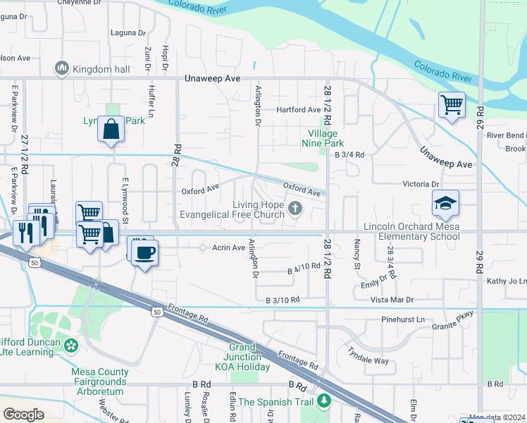 map of restaurants, bars, coffee shops, grocery stores, and more near 2829 Quincy Lane in Grand Junction