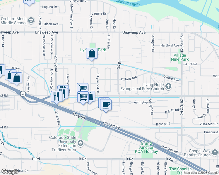 map of restaurants, bars, coffee shops, grocery stores, and more near 252 1/2 Gloucester Circle West in Grand Junction